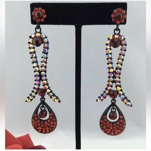Red Ruby/Aurora Borealis Swarovski Crystal Dangle Pierced Earrings 3.5” Long